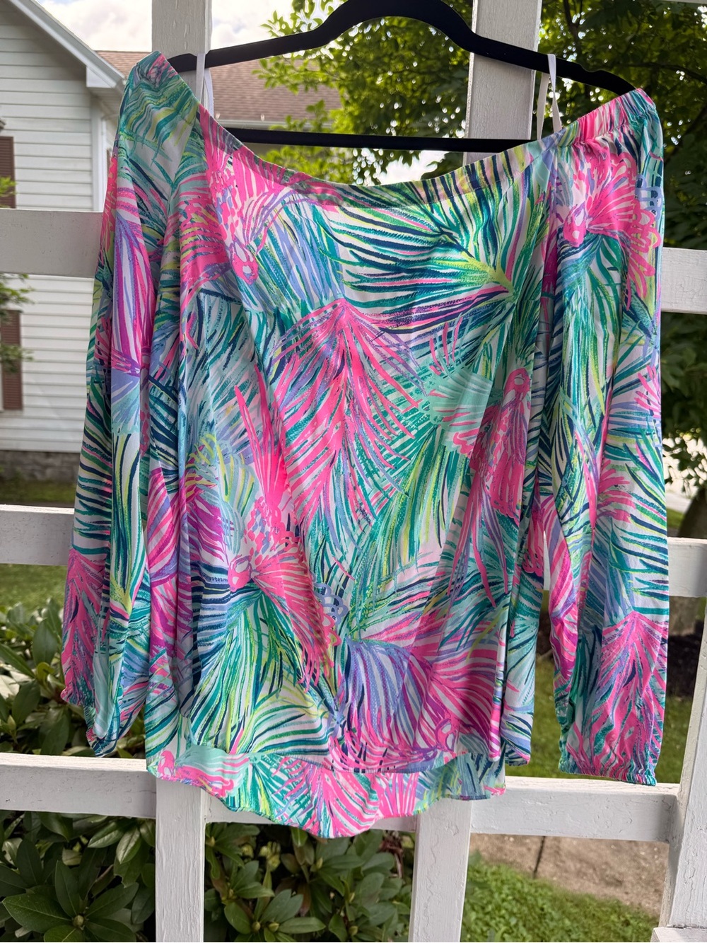 Lilly Pulitzer Off-Shoulder Tropical Leaf Print Top in Pink, Green, Blue